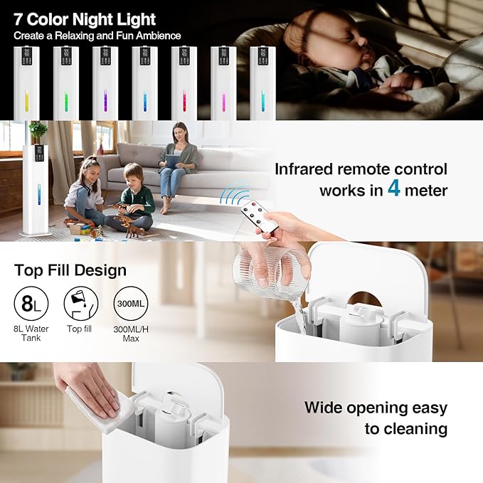 Smart Humidifiers Large Room Bedroom Home,2.11Gal(8L) Quiet Top Fill Cool Mist Humidifier,Smart App & Remote Control, 3 Speed Humidifier with 360°Nozzle,Humidity Setting for Baby Office Plant(White)