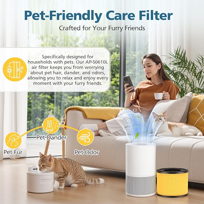 2 Pack AP-S0610L Pet Care Replacement Filter, Compatible with MOOKA AP-S0610L Air Purifier, Efficient Air Filter, 3-Stage Filtration System, Designed for Pet Odors, Smoke, Dander, Pollen