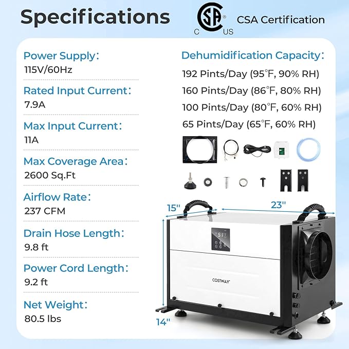 COSTWAY 192 PPD Commercial Dehumidifier, 2600 Sq.Ft Crawl Space Dehumidifier with 9.8 FT Drain Hose & Wired Remote Control Panel, Ideal for Basement, Warehouse, Job Site (White)