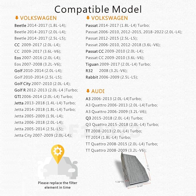 CF10373 Cabin Air Filter Activated Carbon Compatible with VW Golf/GTI/Jetta/Passat/Tiguan/Beetle/CC/EOS/Caddy III/R32/Rabbit, Audi A3/A3 Quattro/Q3/TT Quattro - Replacement 1K0819644B