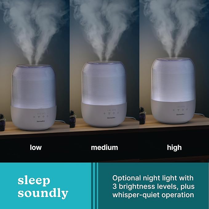 Homedics Ultrasonic Cool Mist Humidifier, Top-Fill 3L Water Tank, Covers 395 sq. ft, 35-Hour Runtime, 3 Mist Settings, Clean Tank Tech, Auto-Off, Night Light, Quiet