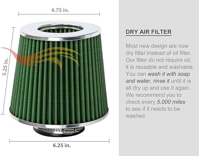 2.5" 63.5 mm Inlet Cold Air Cone Replacement Performance Washable Clamp-On Dry Air Filter