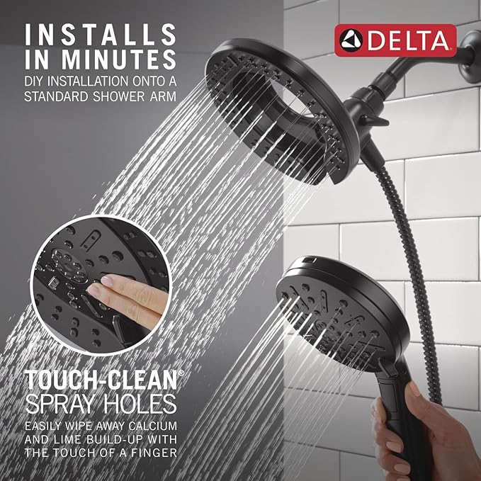 Delta 6-Setting In2ition 2-in-1 Dual Shower Head with Handheld High Pressure ProClean Spray, Matte Black Detachable Shower Head with Hose, 1.75 GPM Flow Rate, Matte Black 75655BL