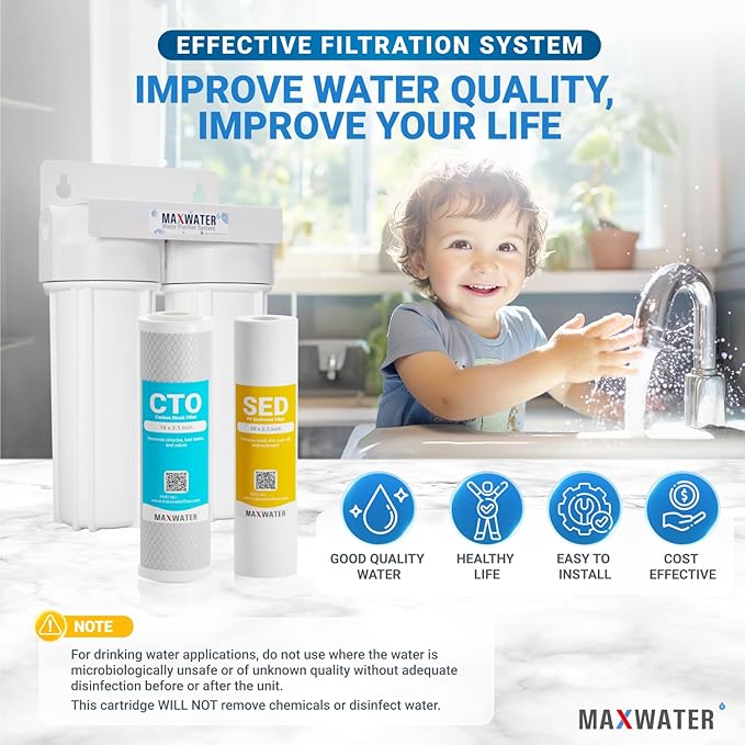 Max Water 2 Stage (Sediment, Odor & Improving Taste) Whole House 10 inch, Standard Water Filtration System - White Housing - Sediment + CTO - ¾ Inlet/Outlet
