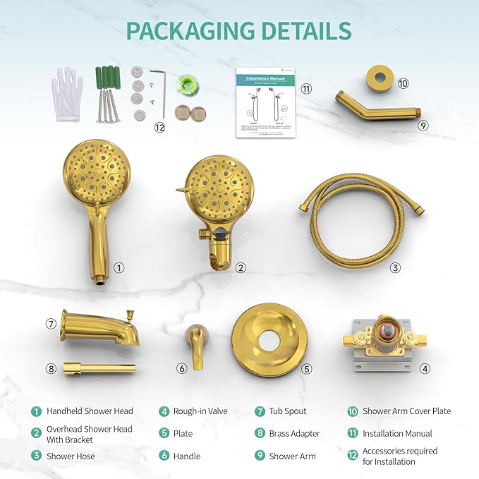 SR SUN RISE 5-Spray Dual Shower Head Cmbo Tub Faucet Set 3-Way Shower Head and Hand Held Shower Tub Faucets Sets Complete Single-Handle Tub and Shower Trim Kit, Brushed Gold (Valve Include)