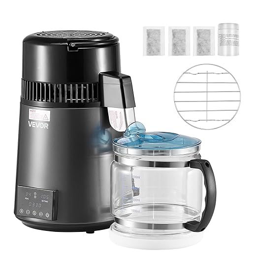 VEVOR Water Distiller, 4L 1.1 Gallon Pure Water Purifier Filter for Home Table Countertop, 750W Distilled Maker with Glass Pot, Stainless Steel Interior Drinking Machine to Make Clean Waters, Grey