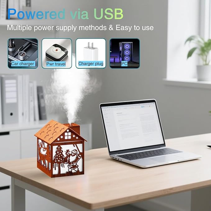 Colorful Cool Mini Humidifier, Cabin styling with Christmas theme,USB Personal Desktop Humidifier 2 Mist Modes, 7 colors,Super Quiet Perfect for Baby Bedroom, Office (Darkwood)