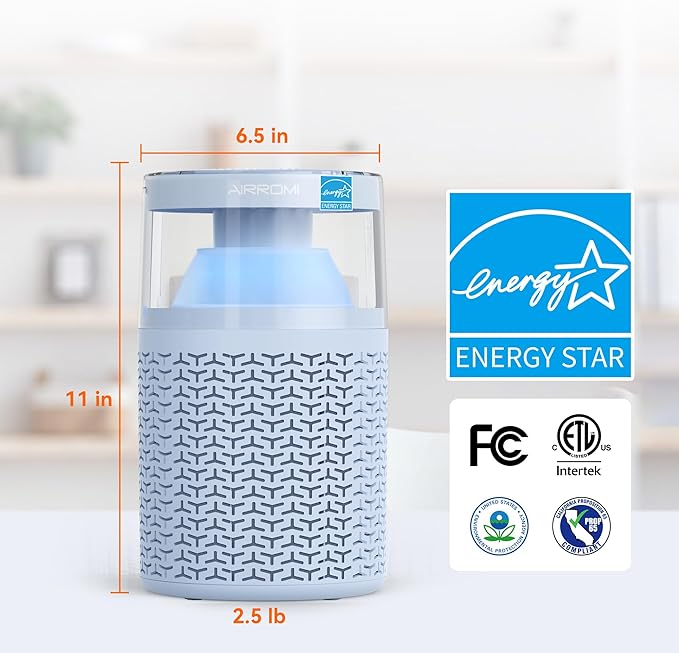 AIRROMI Air Purifiers for Bedroom Home,Up to 658 Ft²,Activated Carbon Filter Cleaner,With Fragrance Sponge for Better Sleep,Night Light,Pet Dander,Allergies,Smoke,Odor,Desktop Air Cleaner A2002 Blue