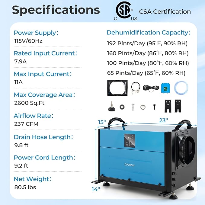 COSTWAY 192 PPD Commercial Dehumidifier, 2600 Sq.Ft Crawl Space Dehumidifier with 9.8 FT Drain Hose & Wired Remote Control Panel, Ideal for Basement, Warehouse, Job Site (Blue)