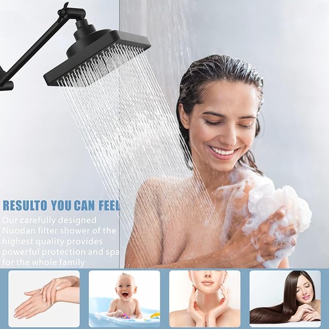 High Pressure Rain Shower Head with Filtered - 6" Square Showerhead Filter for Remove Chlorine and Harmful Substances, Improve Hair and Skin Problems, Matte Black