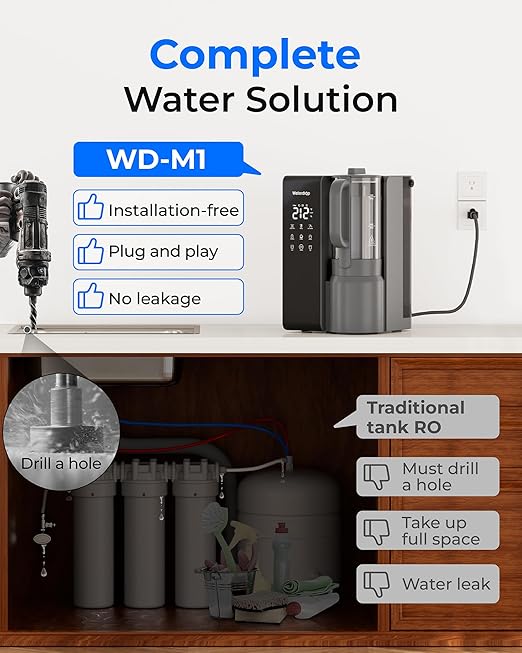Waterdrop WD-M1 Reverse Osmosis Water Filter Countertop, Hot Water Countertop Reverse Osmosis System, 7 Temperature Options, 6 Stage Purification, 3:1 Pure to Drain, No Installation, Gray