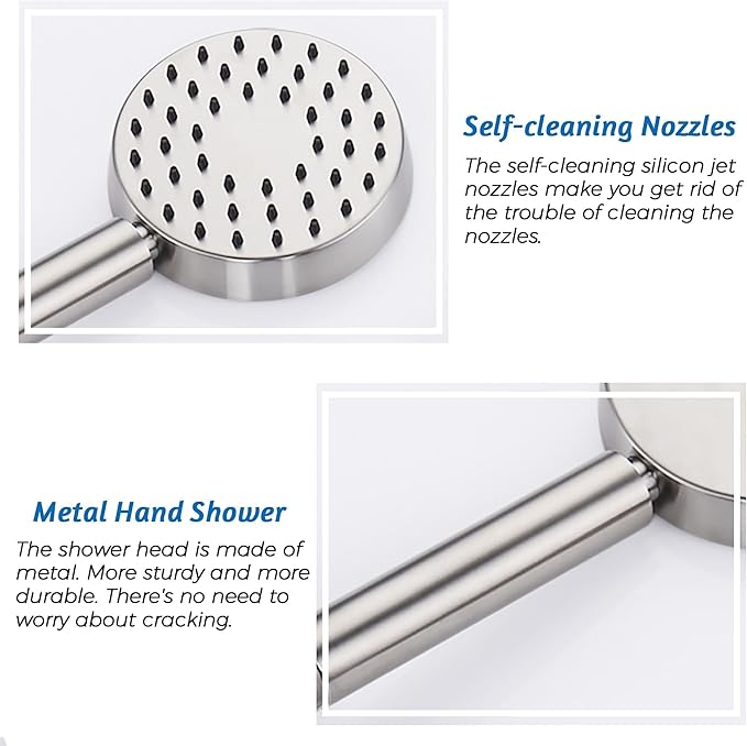 G-Promise Solid Metal Brushed Nickel Handheld Shower Head With Extra Long Stainless Steel Hose & Water Saving On/Off Pause Valve, Modern Style, 1 Setting, 10 Year Warranty