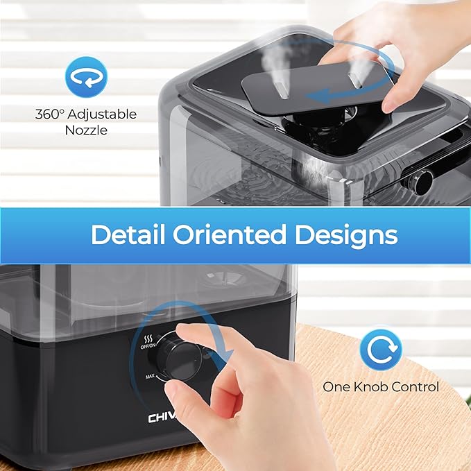 CHIVALZ Humidifiers for Bedroom, 6L Cool Mist Humidifiers for Baby Nursery, 26dB Quiet, 50H Runtime, Top Fill Humidifier for Large Room, Home, Plants, Nightlight, Oil Diffuser 1 Pack Black