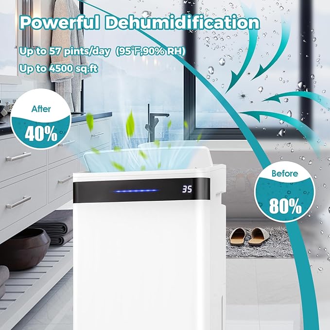 COSTWAY 4,500 Sq. Ft Dehumidifier for Basement, 3-Color Humidity Indicator, Dry Clothes Mode, 12" Drain Hose & Wheels, 57 Pint/Day Dehumidifier for Large Room (White&Black)
