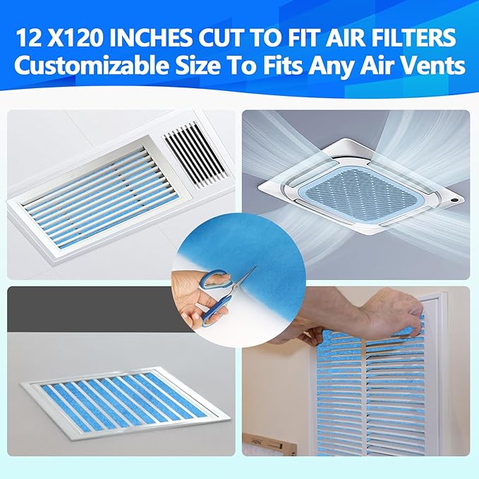2 Rolls 12" x120" Air Vent Filters, Cut to Fit Air Filter (100+ Filters), MERV 8 Triple Vent Filter for Home Floor, Ceiling, RV, HVAC Furnace Vents, With Adhesive Hook Tape and Installation Tape