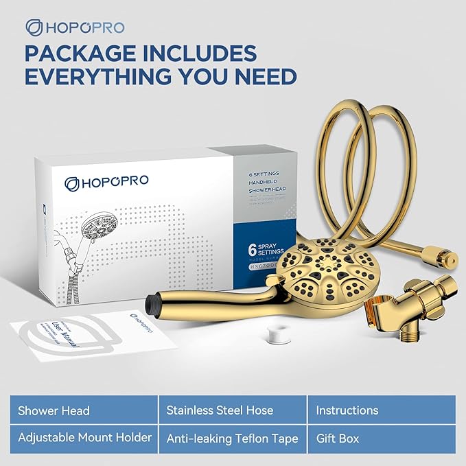 6-Mode High Pressure Handheld Shower Head Set, Consumer Reports Recommended HOPOPRO High Flow Hand Held Showerhead with 59 Inch Hose Bracket Teflon Tape Rubber Washers