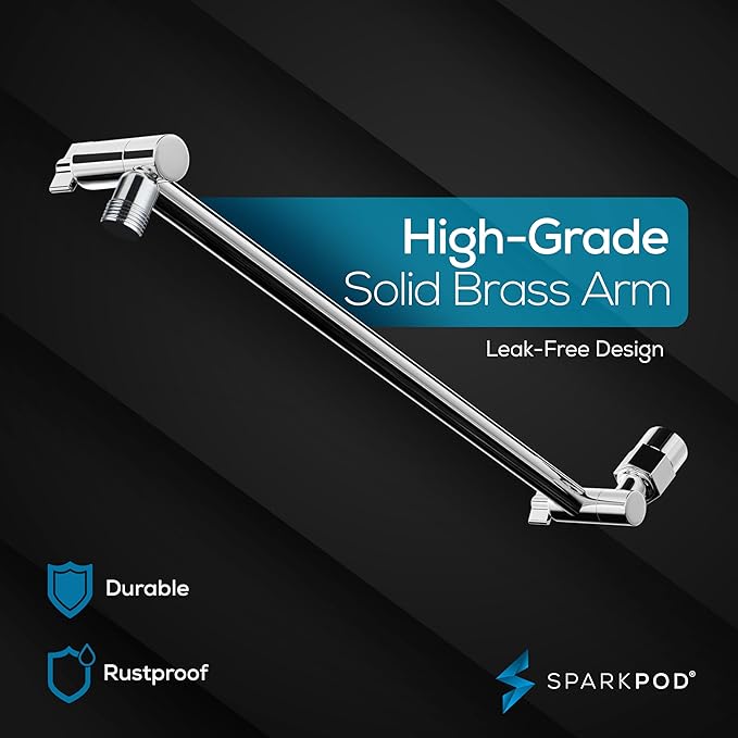 SparkPod Square Rain Shower Head with Extension Arm - Height Adjustable Shower Head with High Pressure Performance - Easy 1-Minute Installation (16" Arm Extension, Luxury Polished Chrome)