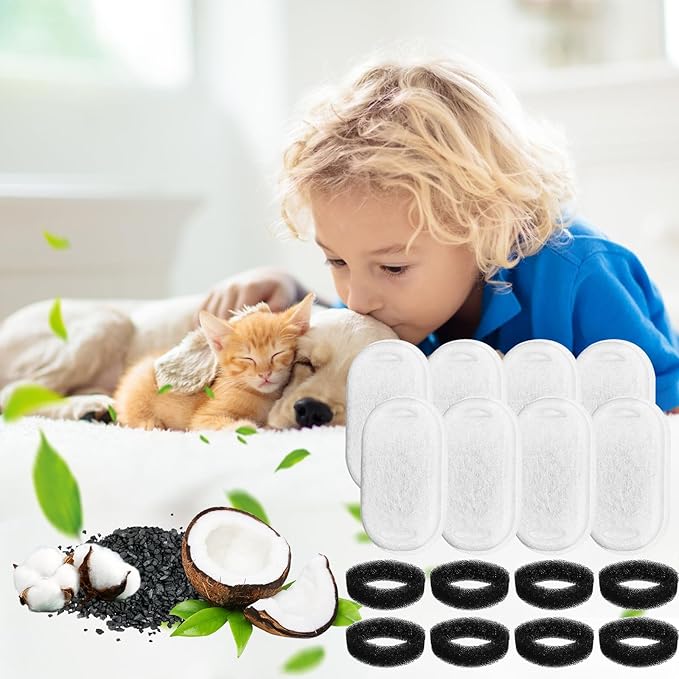 16 Pcs Cat Water Fountain Filters, Cat Fountain Filter Replacement for 108oz/3.2L & 67oz/2L Stainless Steel Dog Water Fountain Automatic Pet Fountains, 3 Filtration System (8 Filters & 8 Sponges)