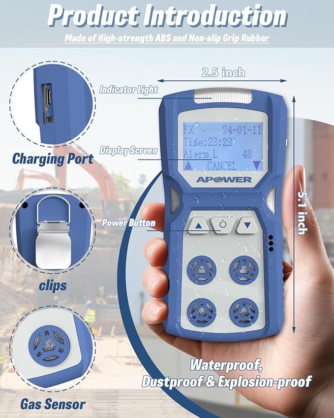 Gas Detector, 4 Gas Monitor for H2S, CO, LEL and O2, Portable Multi Gas Leak Detector with Vibration, Visual and Audible Alarms, 14h Long Battery Life, Natural Propane Sniffer Home Room Travel