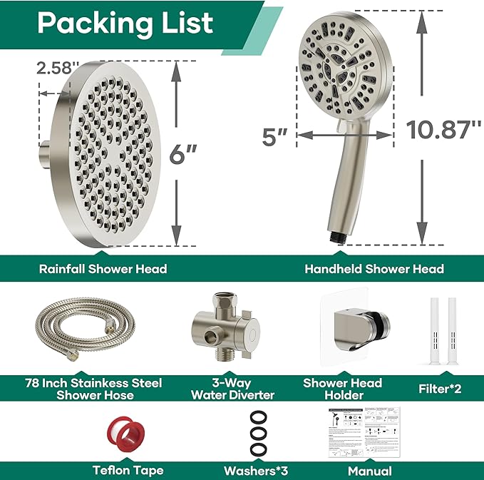 Shower Head with Handheld Spray Combo,6" High Pressure Rain ShowerHead,5" Dual Double Handheld Shower Head with 10-Mode 78" Hose Brushed Nickel