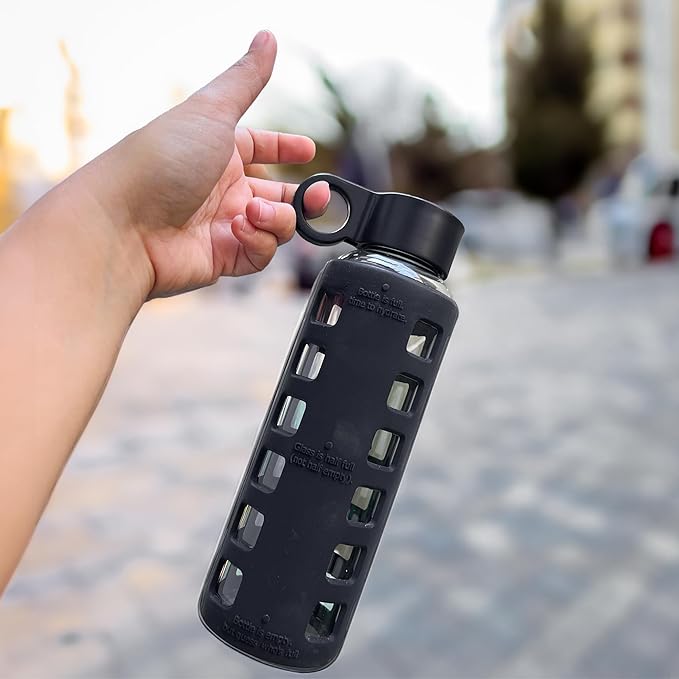 purifyou 40oz / 32oz / 22oz / 12oz Borosilicate Glass Water Bottle with Time & Volume Markers, Silicone Sleeve, Stainless Steel Lid | Reusable Glass Bottle for Water & Juice (12oz Jet Black)