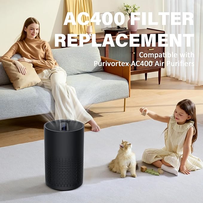 4 Pack AC400 Air Purifier Filter Replacement for Purivortex AC400 Air Purifier, 3-in-1 Filtration System, White