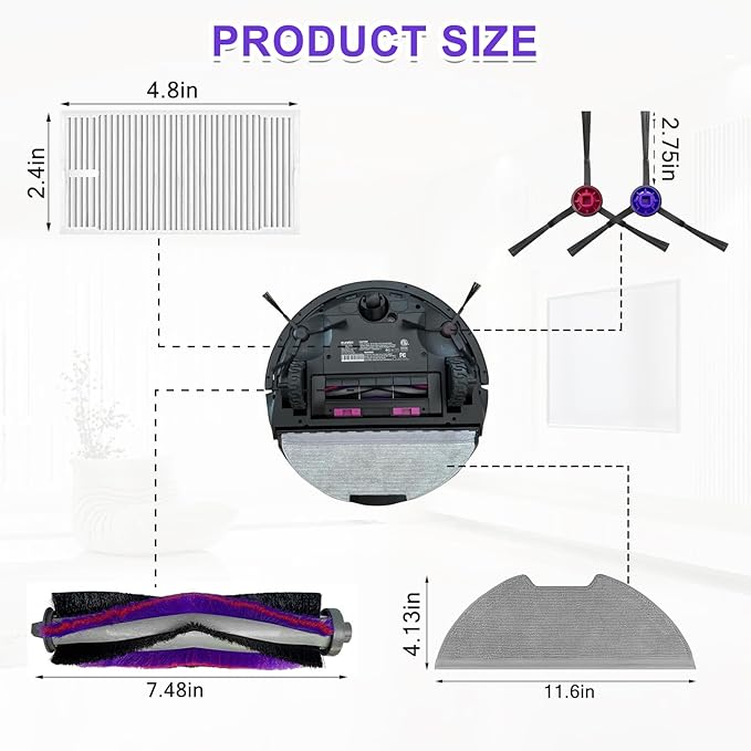 Replacement Parts Kit for Eureka E10s/E20 Plus Robot Vacuum Cleaner,1 Main Roller Brushes, 4 Side Brushes, 2 HEPA Filters, 4 Mop Pads-11Pack