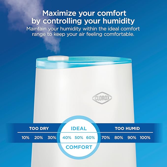 Clorox Air Humidifier for BedRoom with UV LED Light to Reduce Germs and Bacteria, Whisper Quiet, 4L Water Tank for up to 40 Hours of Continuous Steam, Ultra Clean Cool Mist, White (11080)