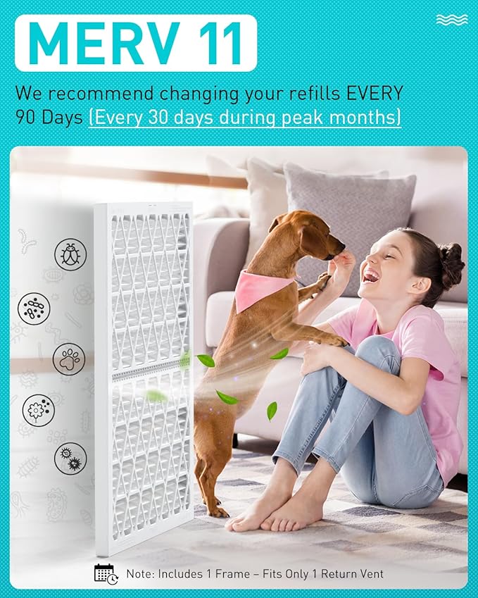 16x25x1 Refillable Air Filter Kit, MERV 11, 1 Reusable Foldable Frame & 6 Refills, Fits Most AC HVAC Furnace Devices, Actual Size 15.75x24.75x0.75in