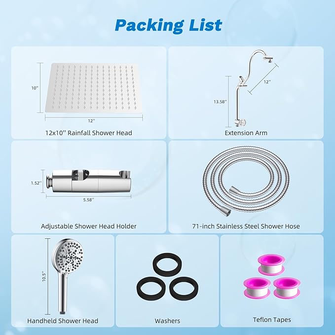 Hibbent Upgraded All Metal 12" Rainfall Showerhead Combo, High Pressure Shower Head with 10-Spray Mode Handheld, 4-way Diverter with Pause Mode, 71'' Shower Hose and Handheld Holder, Chrome