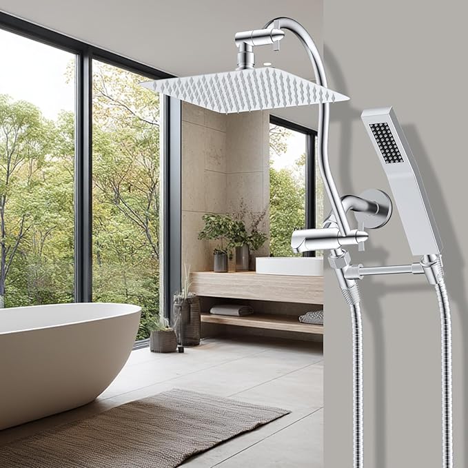 Hibbent All Metal Shower Head, 8'' High Pressure Rainfall Shower Head, Showerhead Combo, Handheld Shower Wand, 12'' Adjustable Curved Shower Extension Arm, 71'' Hose, Shower Head Holder, Chrome