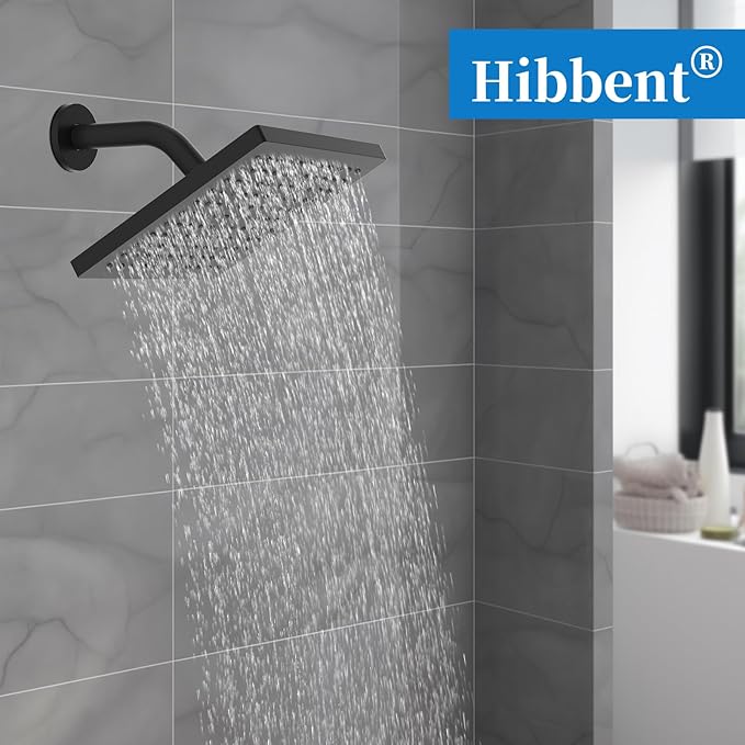 Hibbent Thickness Metal Rain Shower Head, 8 Inch High Pressure Rainfall Shower Head, Square Bathroom Waterfall Shower Heads, High Flow Fixed Showerheads with Adjustable Brass Ball Joint, Matte Black