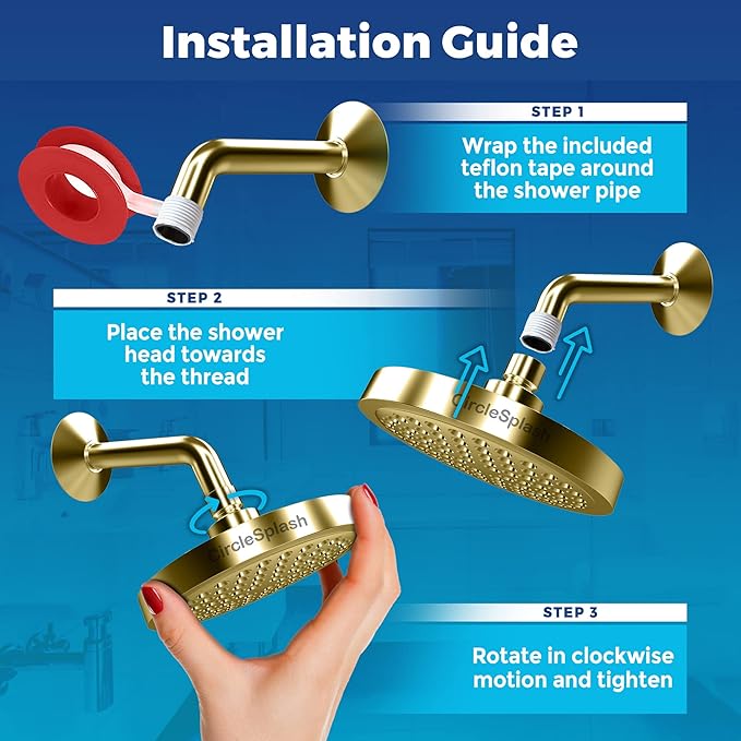 High Pressure Shower Head - Anti-Clogging Silicone Nozzles - 2.5 GPM Removable Restrictor - Easy to Clean Adjustable Replacement - easy to install with Plumbers Tape - 6 inch - Elegant Gold Finish