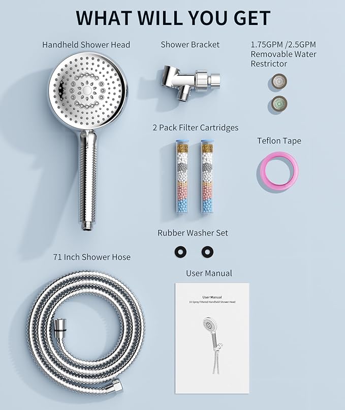 Filtered Shower Head with Handheld, 10 Spray Mode High Pressure Shower Head with Filters, Shower Filter Head for Hard Water, Powerful Spray for Cleaning, 2 Replaceable Filters Included, Chrome