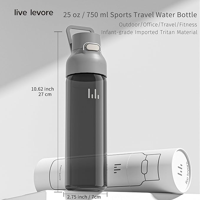 750ml Leak Proof Water Bottle with Flip Top Lid, BPA-Free USA Tritan Drink Bottle, Dishwasher Safe for Office, Outdoor & Daily Use (Grey, 1 Pack)