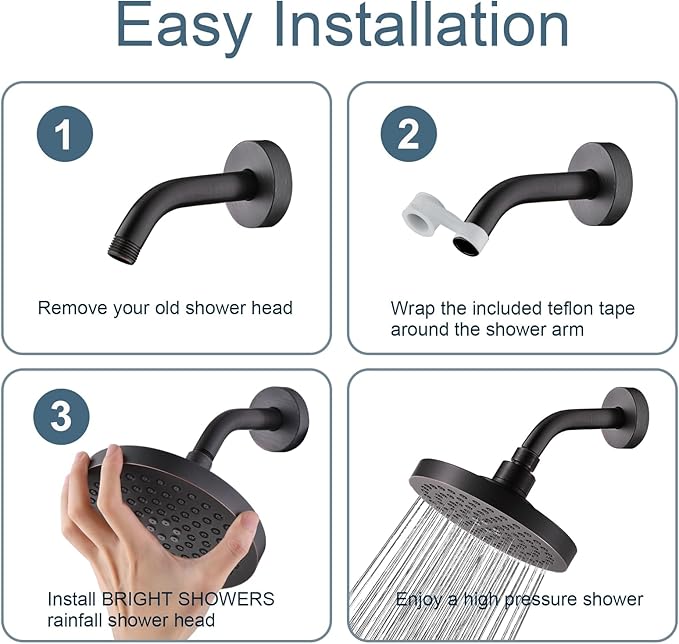 BRIGHT SHOWERS High Pressure Shower Head, 6 Inch Rain Shower Head, 2 Spray Settings Rainfall Shower Heads, Adjustable Angle Replacement Bathroom Showerhead, Easy Installation Oil Rubbed Bronze