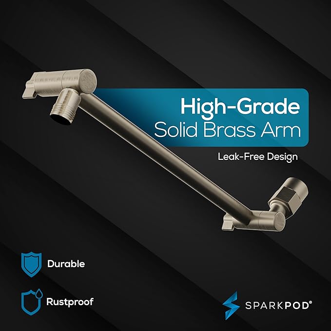 SparkPod Square Rain Shower Head with Extension Arm - Height Adjustable Shower Head with High Pressure Performance - Easy 1-Minute Installation (11" Arm Extension, Elegant Brushed Nickel)