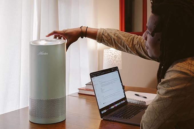 Hunter HP400 Round Air Purifiers for Home, True HEPA Air Purifier Tower for Pets, Odors, Allergens, Smoke, Dust, VOC's. HEPA Air Purifiers for Bedroom and Small Room. Sage and Silver