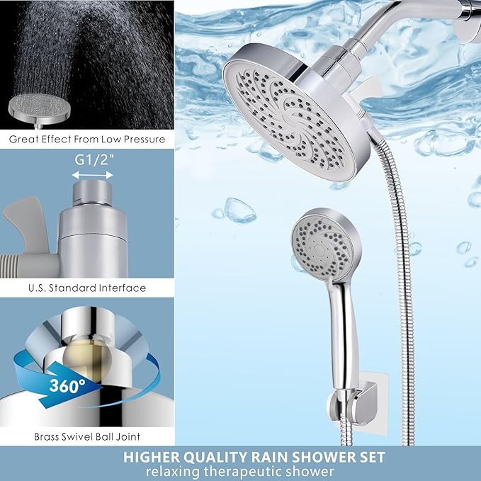 Rain Shower Head with Handheld, High Pressure Rainfall Showerhead and 3 Settings Hand held Spray Combo with Detachable Hose (Chrome)