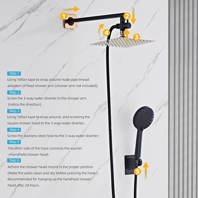 Shower Head Combo Matte Black and Rose Gold, 8 Inch Rain Shower Head with Handheld 5 Spray Modes High Pressure Rainfall Shower Heads System, 15 Inch Shower Adjustable Extension Arm