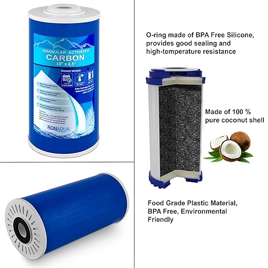 High Capacity 10 x 4.5β Transparent Whole House Water Filter Purifier System with Presser Relief Button 1β Inlet/Outlet Bass Port & Yearly Supply (3) Granular Coconut Shell Activated Carbon Cartridges
