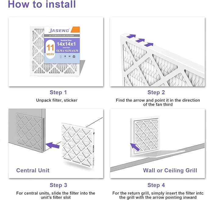 14x14x1 Furnace Air Filters 4 Pack, MERV 11 MPR 1000 & FPR 7 Filtering, HVAC Air Filter Replacement (exact dimensions: 13 3/4"x 13 3/4"x3/4")