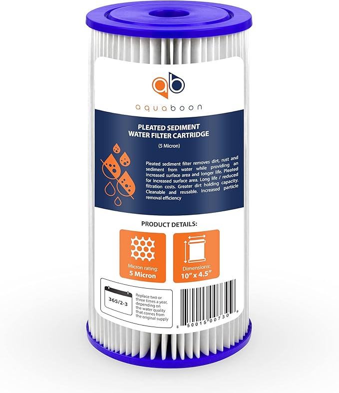 Aquaboon 5 Micron Pleated Sediment Water Filter 10 x 4.5 Cartridge - Whole House Water Filter Replacement - Whole House Water Filters Cartridges Compatible with Well Filters FXHSC, R50-BBSA, 2-Pack