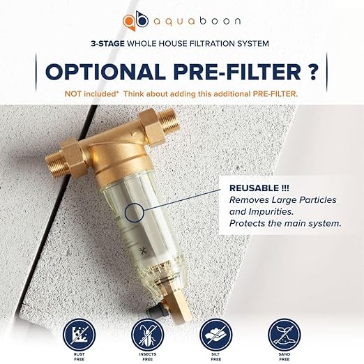 Aquaboon 3-Stage Water Filter System for Well Water w/ 20x4.5 CTO, Iron & Manganese, Sediment Filters, Pressure Gauges & Release, Wrench, Iron Bracket