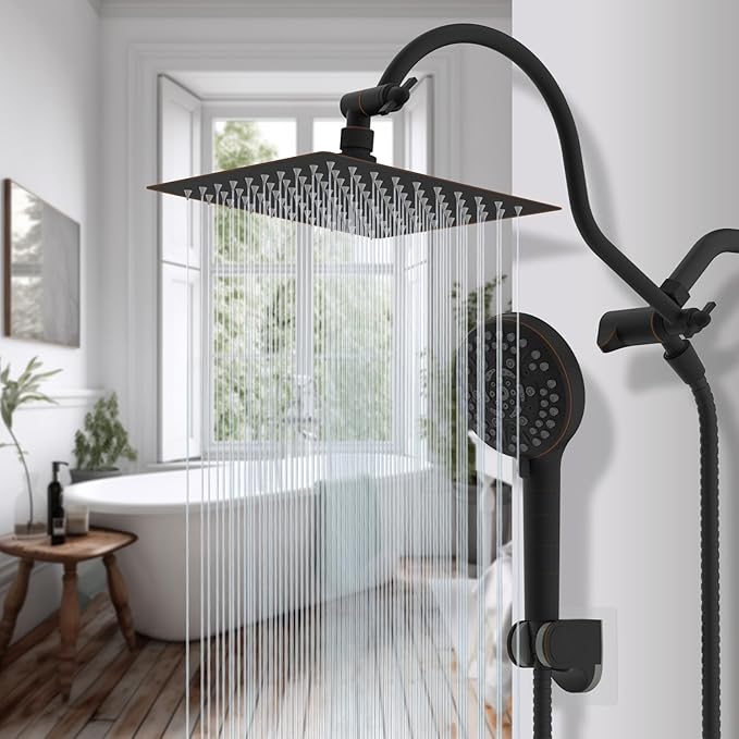 Hibbent All Metal Shower Head, 8'' High Pressure Rainfall Shower Head/Handheld Showerhead Combo with 12'' Adjustable Curved Shower Extension Arm, 10-Spray, 71'' Hose, Shower Holder, Oil Rubbed Bronze