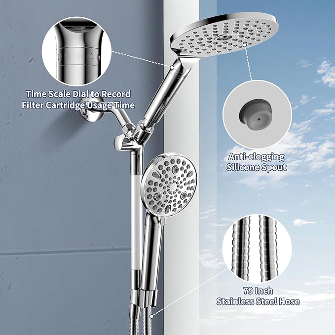 HANLIAN Filtration Shower Heads with Handheld Spray Combo, High Pressure Rainfall Shower Head with Handheld Combo, Filtered Dual Shower Head, Double Showerhead with 79" Hose (Chrome)
