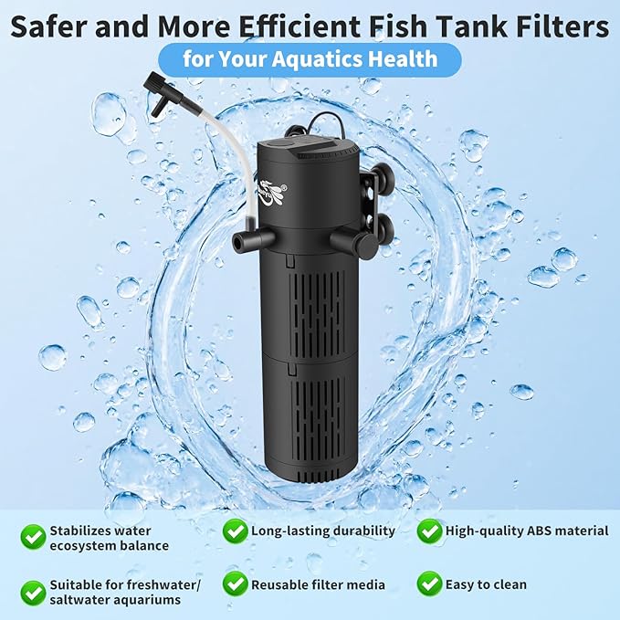 Aquarium Filter, Fish Tank Filter 4-in-1 for 15-40 Gallon Tanks, Submersible Internal Filter with Wave-Maker, Oxygenation & Adjustable Air Flow for Freshwater/Saltwater/Turtle Tanks (8W)