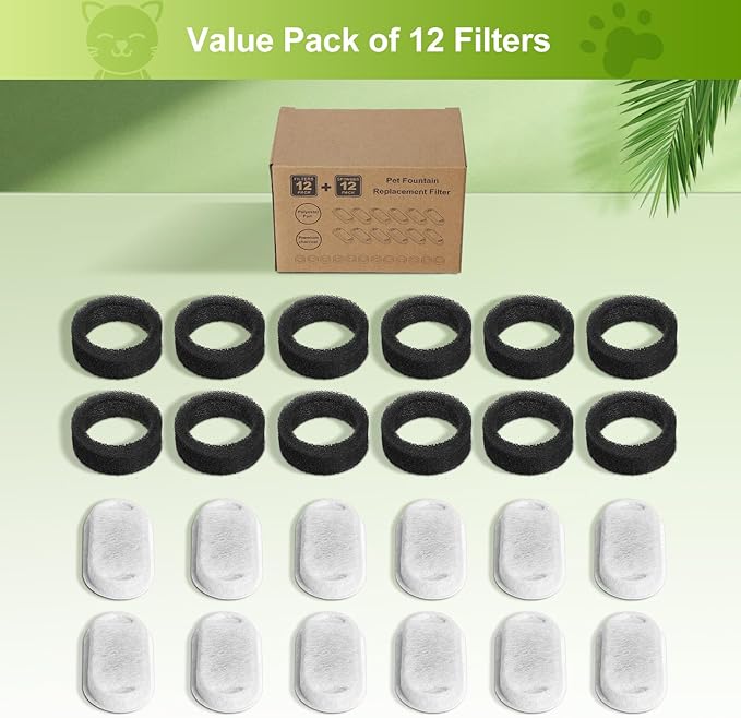 12 Pack Cat Water Fountain Filters, Replacement Filters & Pre-Filter Sponges for 3.2L/108Oz & 67oz/2L Stainless Steel Pet Fountain