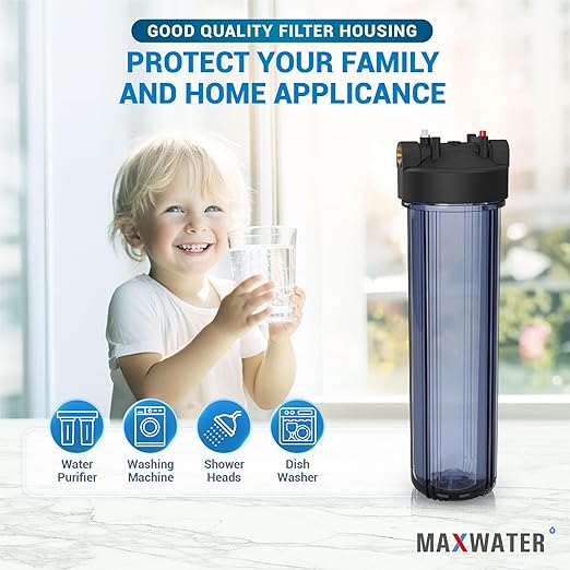 Max Water Whole House 20" x4.5" Purple Clear WH Water Filter Housing 1 inch Inlet/Outlet Ports with Pressure Gauge Wrench and Bracket (1 Housing + 1 Pressure Gauge)