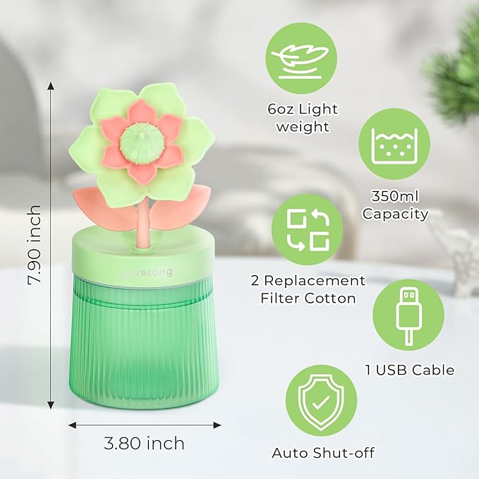 Cute Flower Mini Humidifier, 260ml Gardenia Desktop Humidifiers for Bedroom, Portable Small Cool Mist Humidification for Home, Baby Nursery, Office & Indoor Plants, USB Powered (Green)